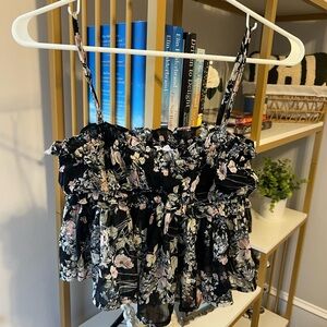 Smocked Floral Ruffle Cami Top - Black